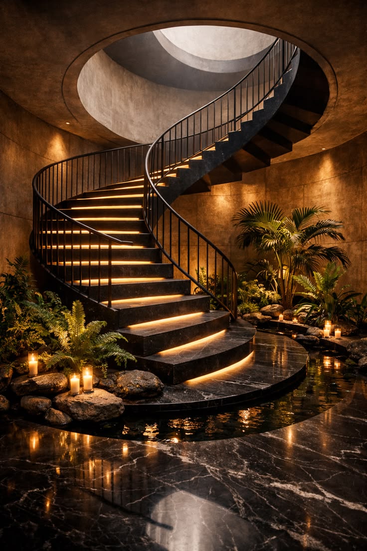 Escalier hélicoïdal en béton éclairé par une source unique créant des ombres courbes