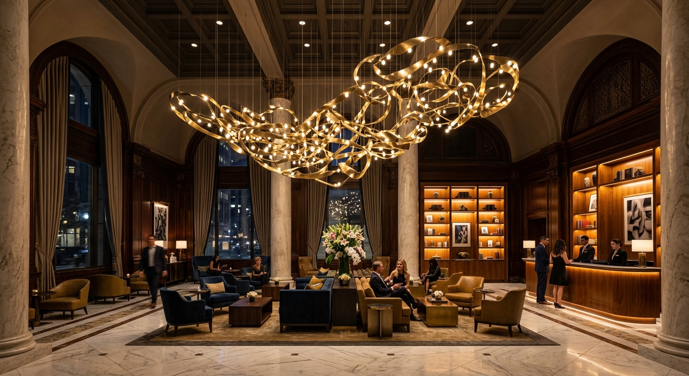 Lobby d'hôtel de luxe avec installation lumineuse sculpturale en laiton