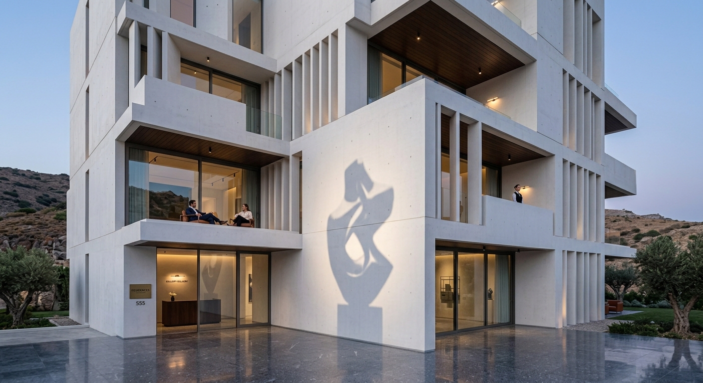 Immeuble résidentiel contemporain en béton blanc avec ombres marquées