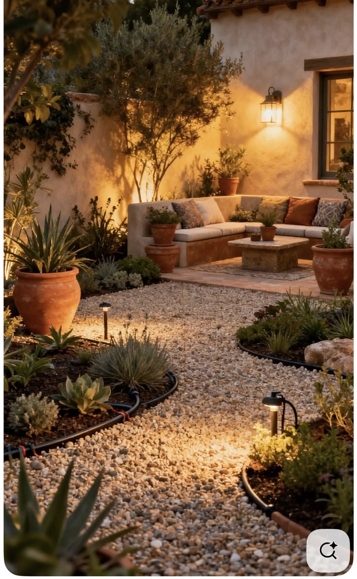 Jardin méditerranéen mis en lumière la nuit avec oliviers éclairés
