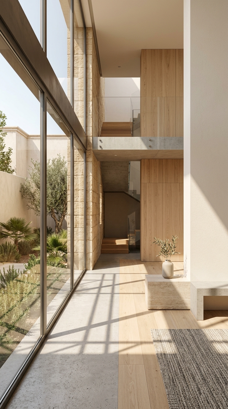 Intérieur minimaliste traversé par des faisceaux de lumière naturelle