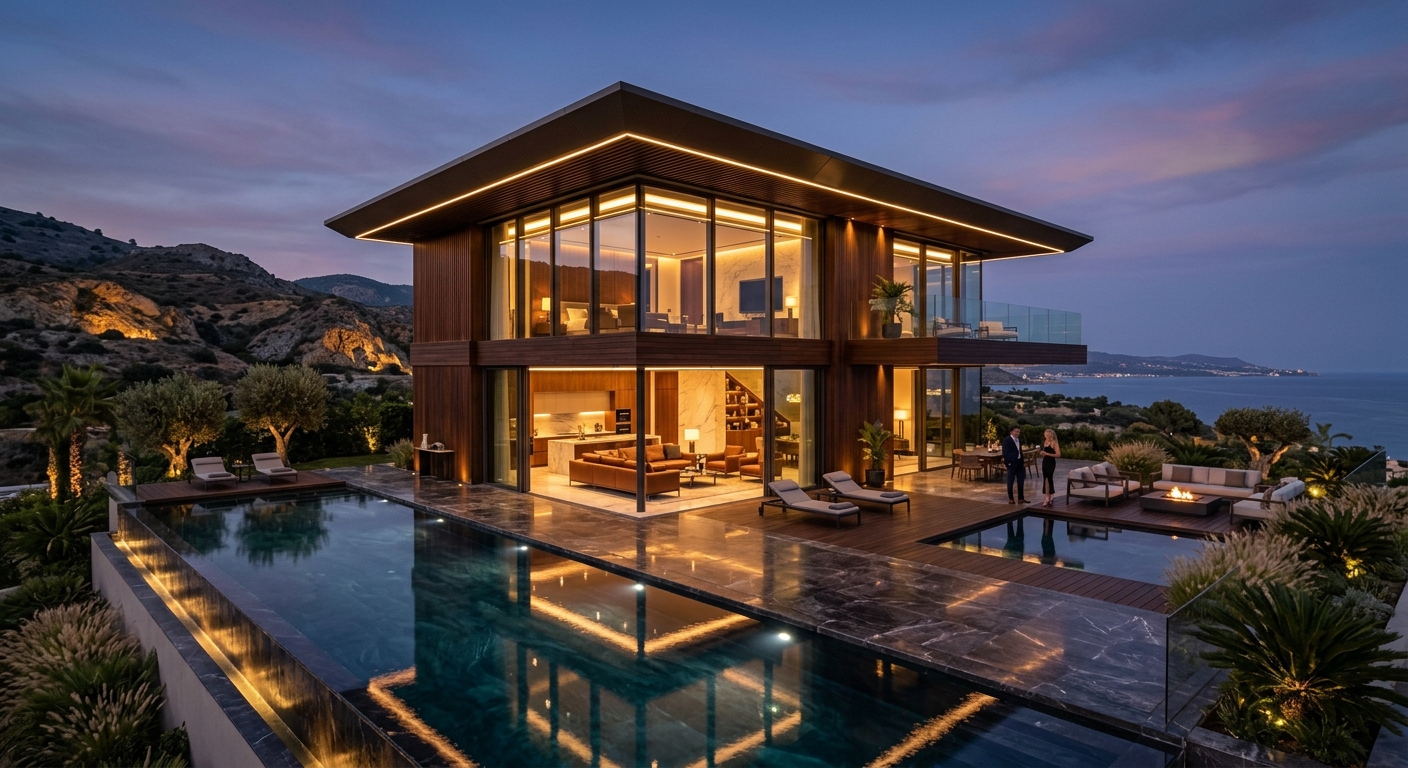 Villa contemporaine au crépuscule avec lumière chaude et piscine à débordement