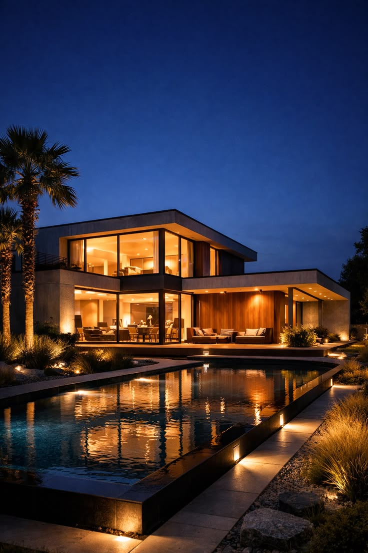 Bâtiment contemporain la nuit, intérieur chaud visible à travers une longue façade vitrée reflétée dans un bassin